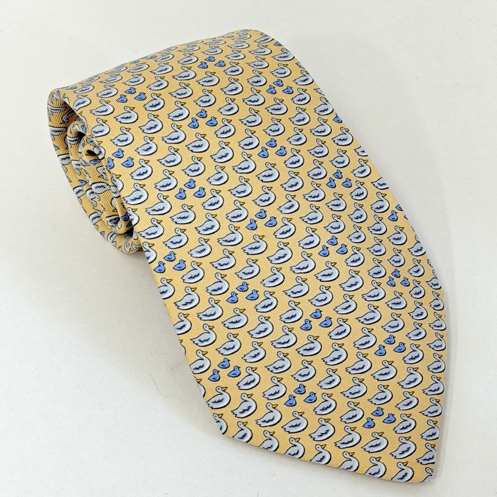 Hermès Paris Swan Duck Print 100% Silk Tie Yellow Blue Made in France